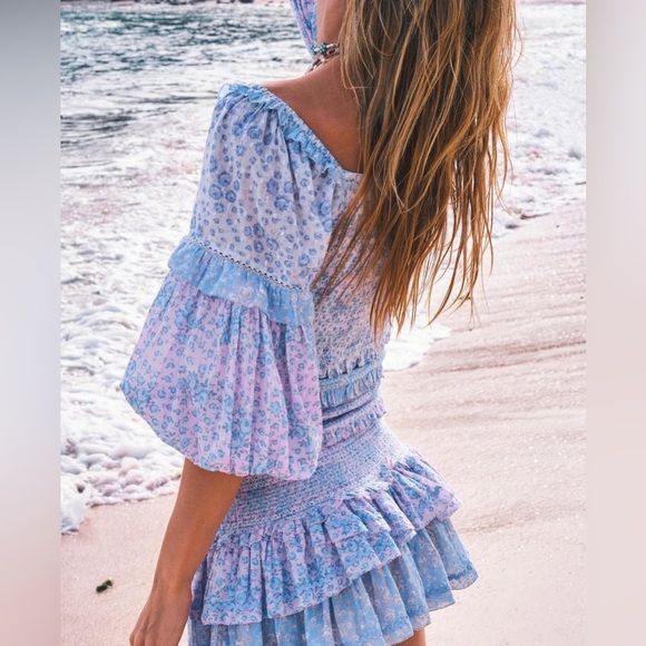 LoveShackFancy Ensley Cottagecore Floral Mini Dress in Blueberry Dust Sz L - Picture 2 of 11